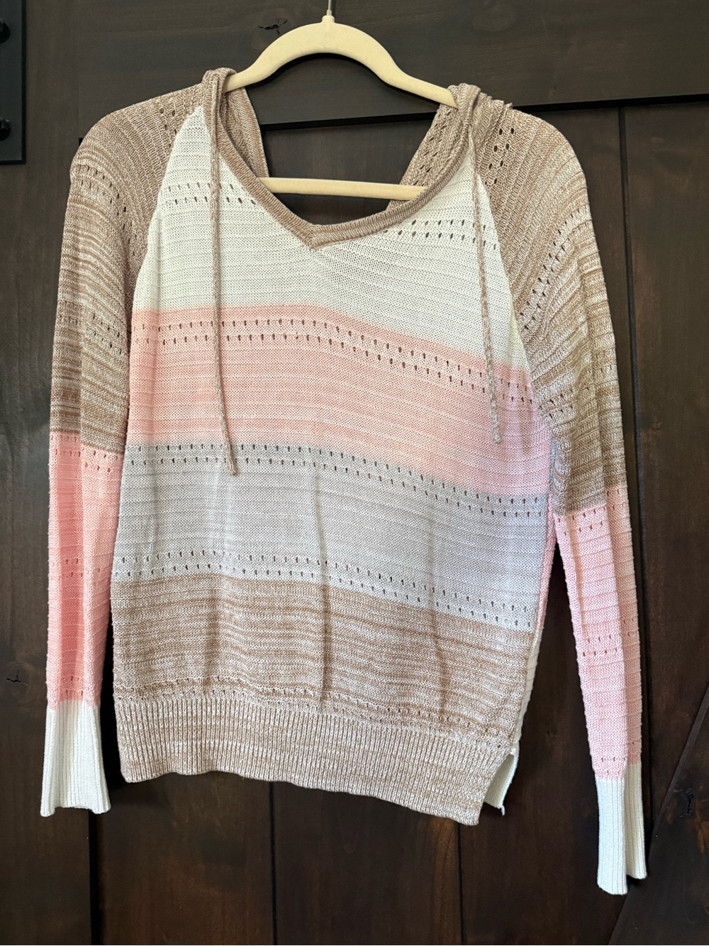 Striped Hooded Knit Sweater - Pink, Cream, Tan